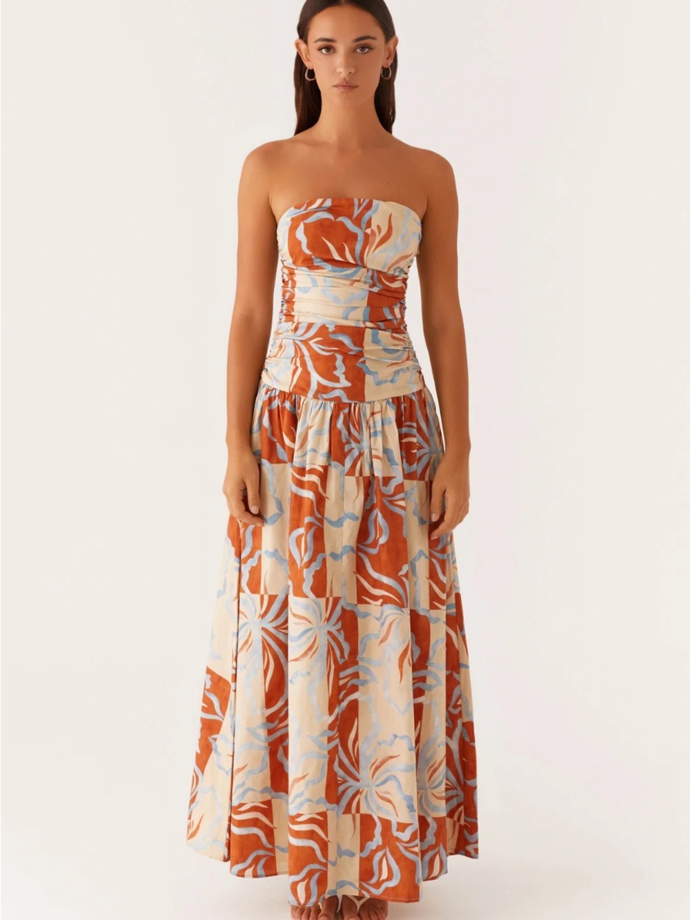 Peppermayo Strapless Floral Maxi Dress in Rust, Cream and Light Blue